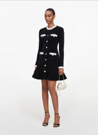 Black Chenille Knit Flower Trim Mini Dress