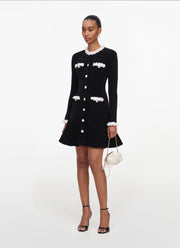 Black Chenille Knit Flower Trim Mini Dress