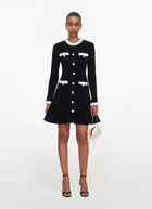 Black Chenille Knit Flower Trim Mini Dress