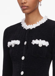 Black Chenille Knit Flower Trim Mini Dress
