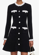 Black Chenille Knit Flower Trim Mini Dress