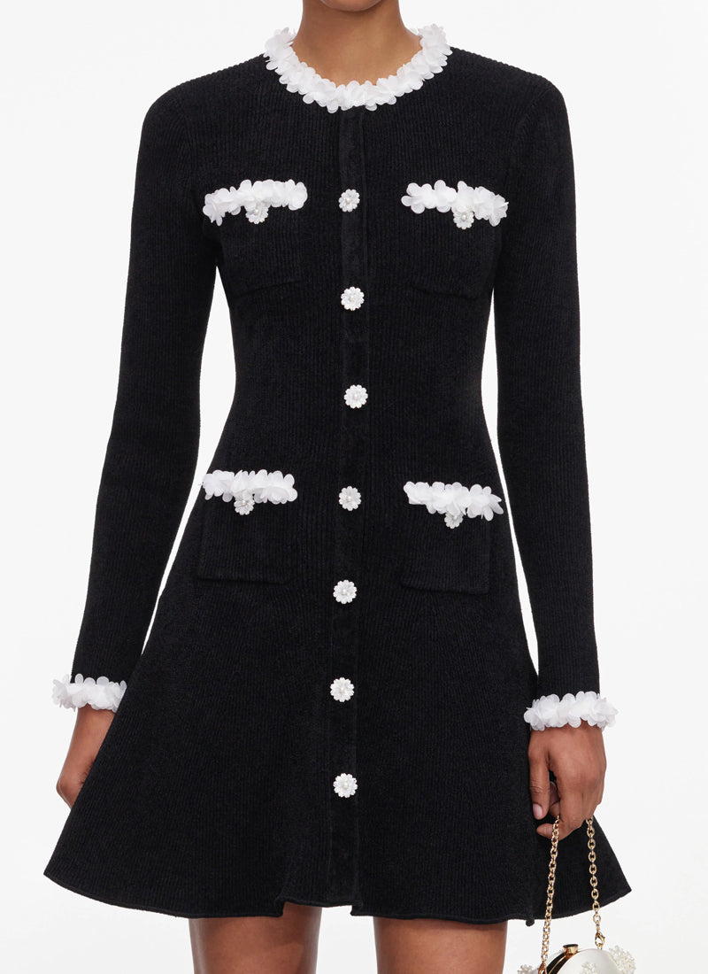 Black Chenille Knit Flower Trim Mini Dress