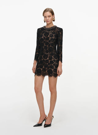 Black Lace Long Sleeve Mini Dress by self-portrait
