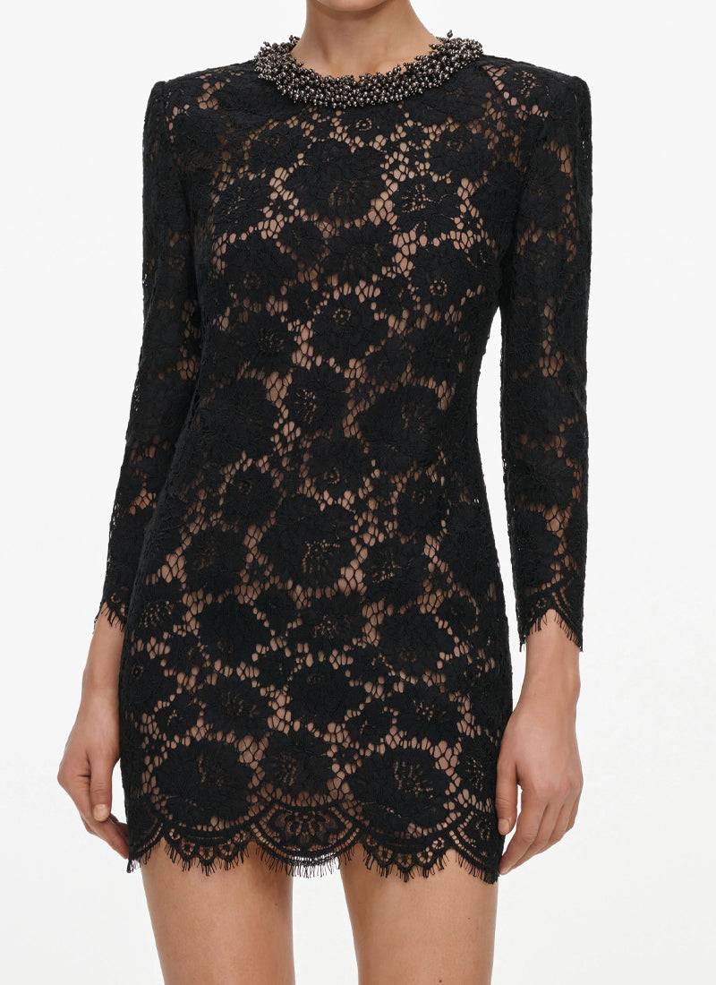  Black Lace Long Sleeve Mini Dress by Self Portrait at Andrews 