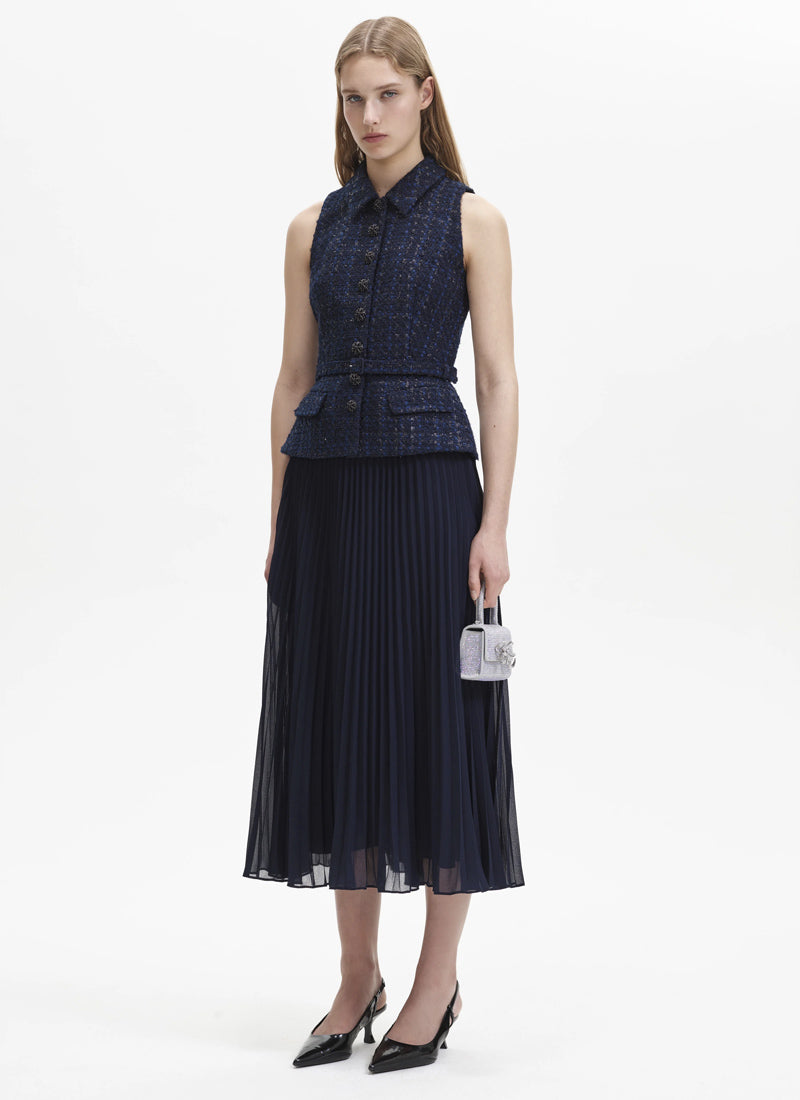 Self-Portrait Bouclé Chiffon Midi Dress