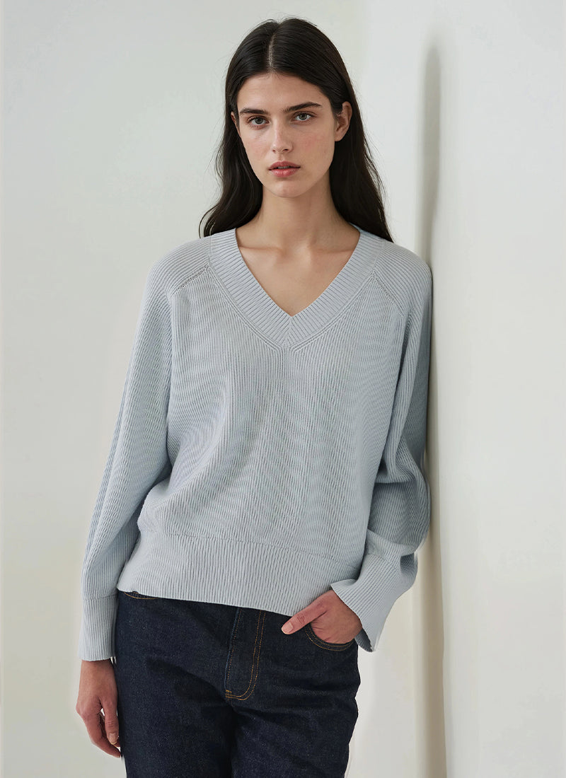 Patrick Assaraf Long Sleeve Cotton Cashmere Rib V Neck Raglan