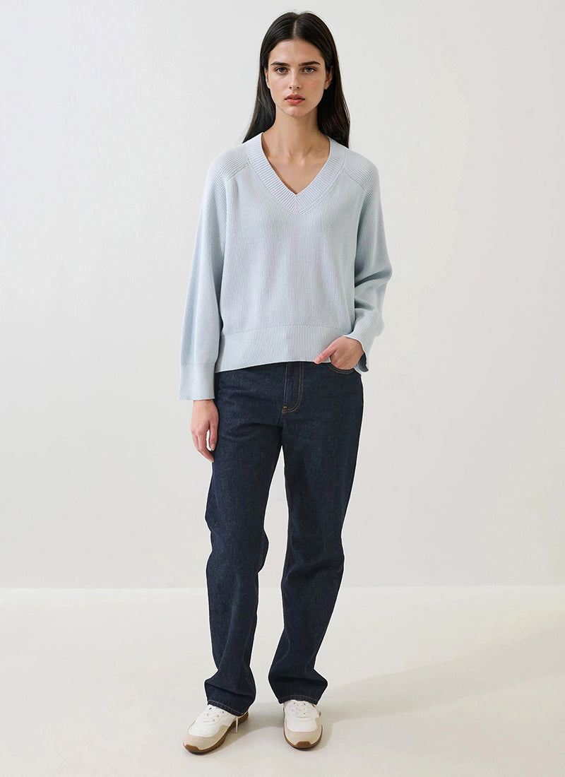 Patrick Assaraf Long Sleeve Cotton Cashmere Rib V Neck Raglan