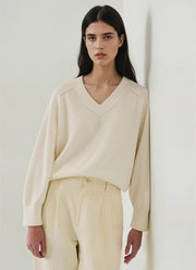 Long Sleeve Cotton Cashmere Rib V Neck Raglan