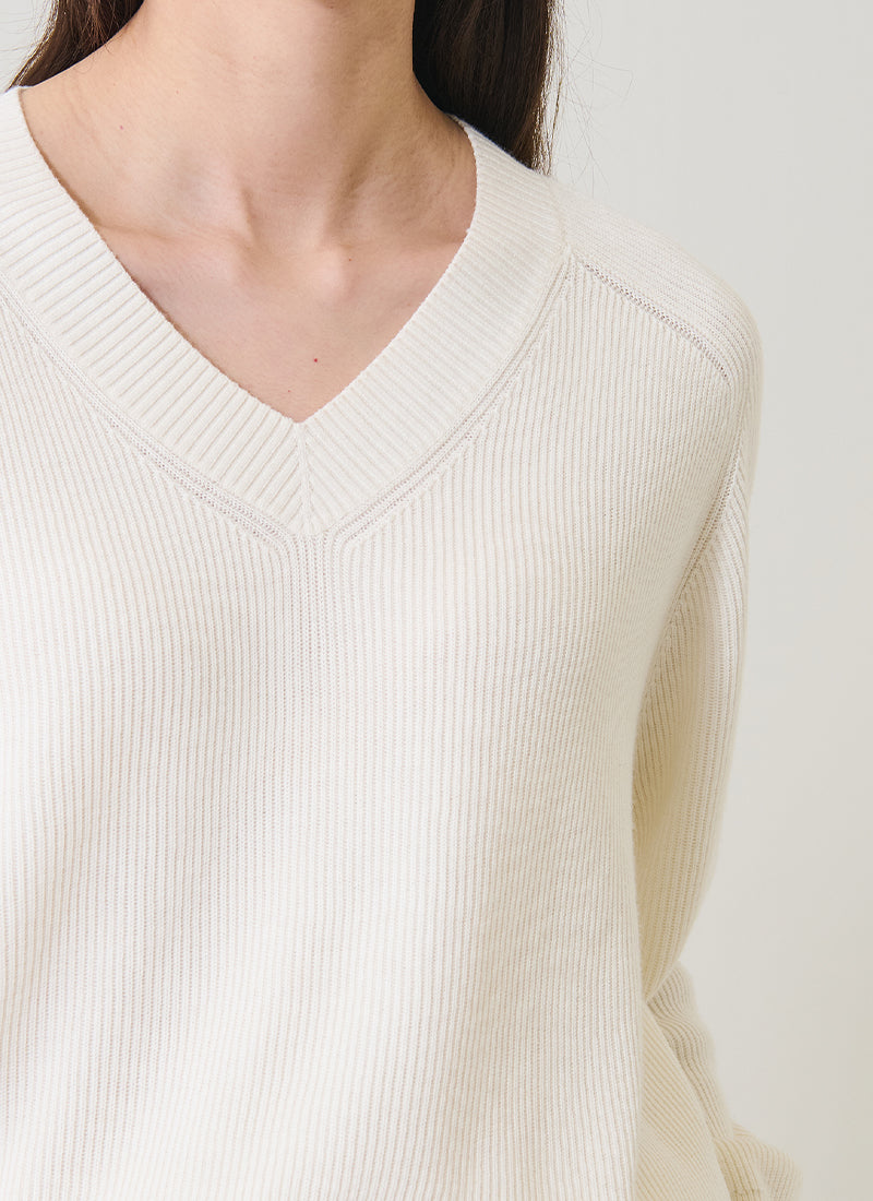 Long Sleeve Cotton Cashmere Rib V Neck Raglan