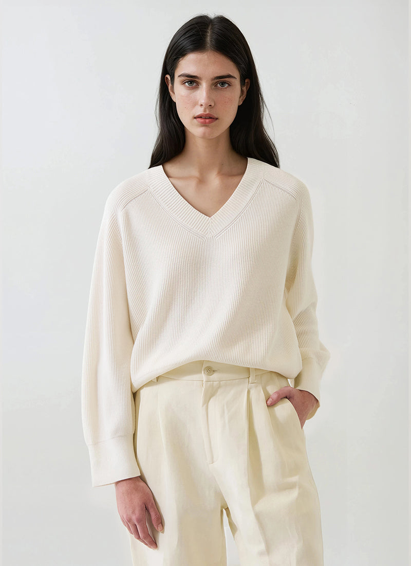 Long Sleeve Cotton Cashmere Rib V Neck Raglan