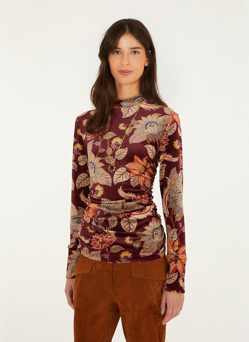 Delhi Floral Printed Long Sleeve Velvet Jersey Blouse