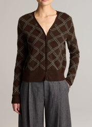 Cashmere Diamond Plaid Long Sleeve V Neck Cardigan