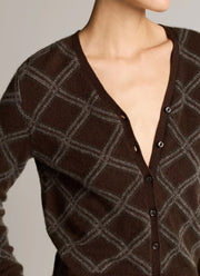Cashmere Diamond Plaid Long Sleeve V Neck Cardigan
