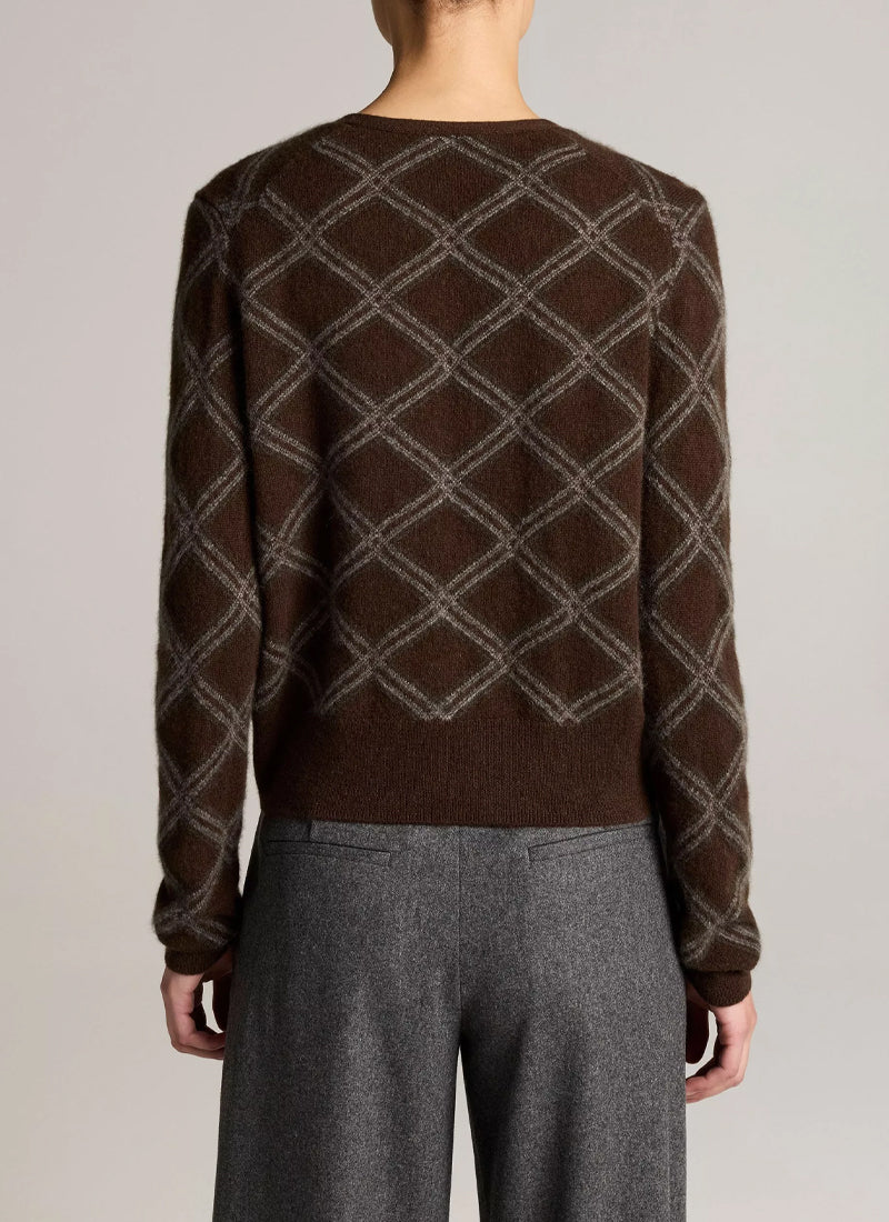 Cashmere Diamond Plaid Long Sleeve V Neck Cardigan