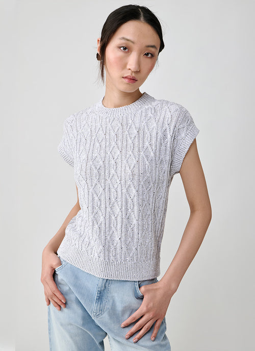 Eleventy Cotton Linen  Short Sleeve Cable Sweater