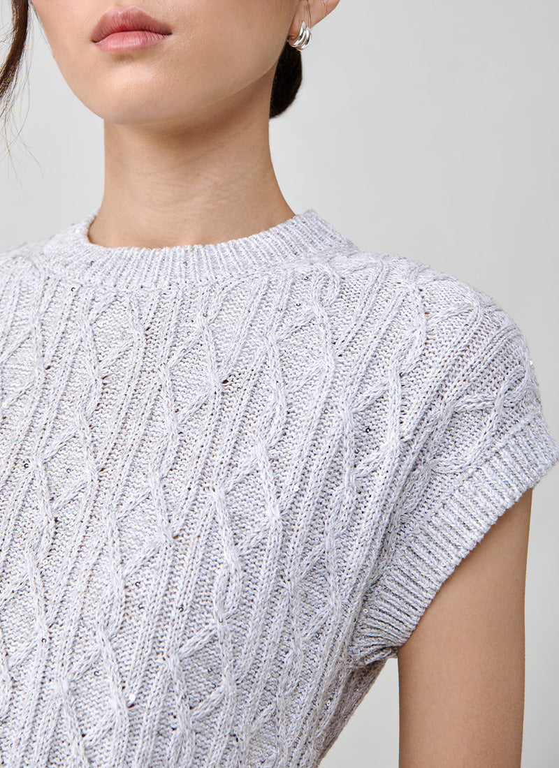 Eleventy Cotton Linen  Short Sleeve Cable Sweater