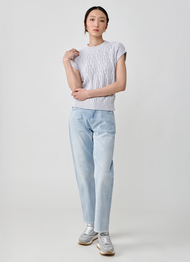 Eleventy Cotton Linen  Short Sleeve Cable Sweater