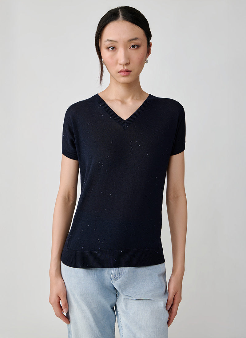 Eleventy Cotton Silk V Neck Short Sleeve Sweater