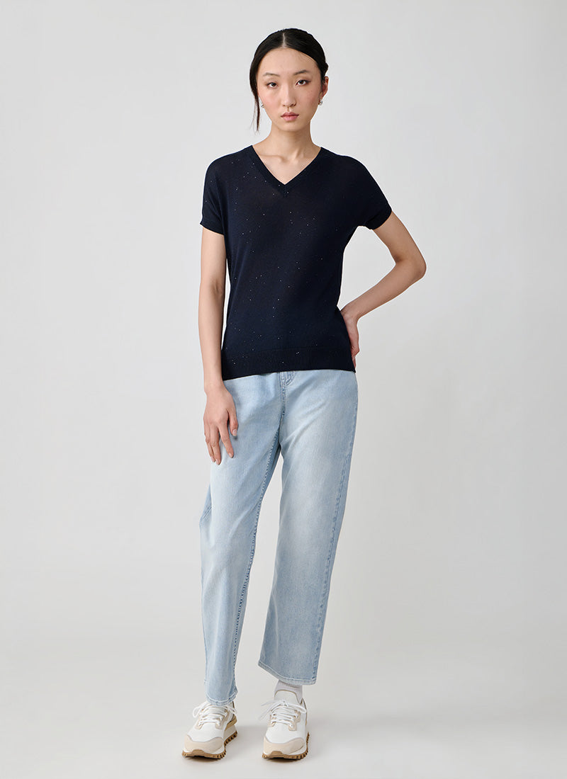 Eleventy Cotton Silk V Neck Short Sleeve Sweater
