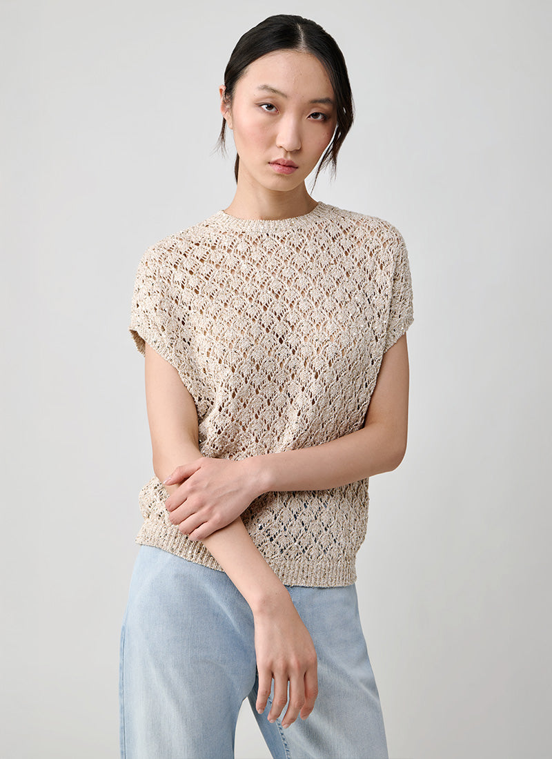 Eleventy Textured Knit Sequin Short Sleeve Sweater