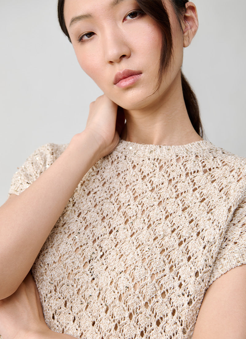Eleventy Textured Knit Sequin Short Sleeve Sweater