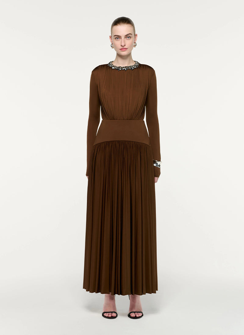 Embellished Neck Gathered Long Sleeve Gathered Dress by Roland Mouret at Andrews