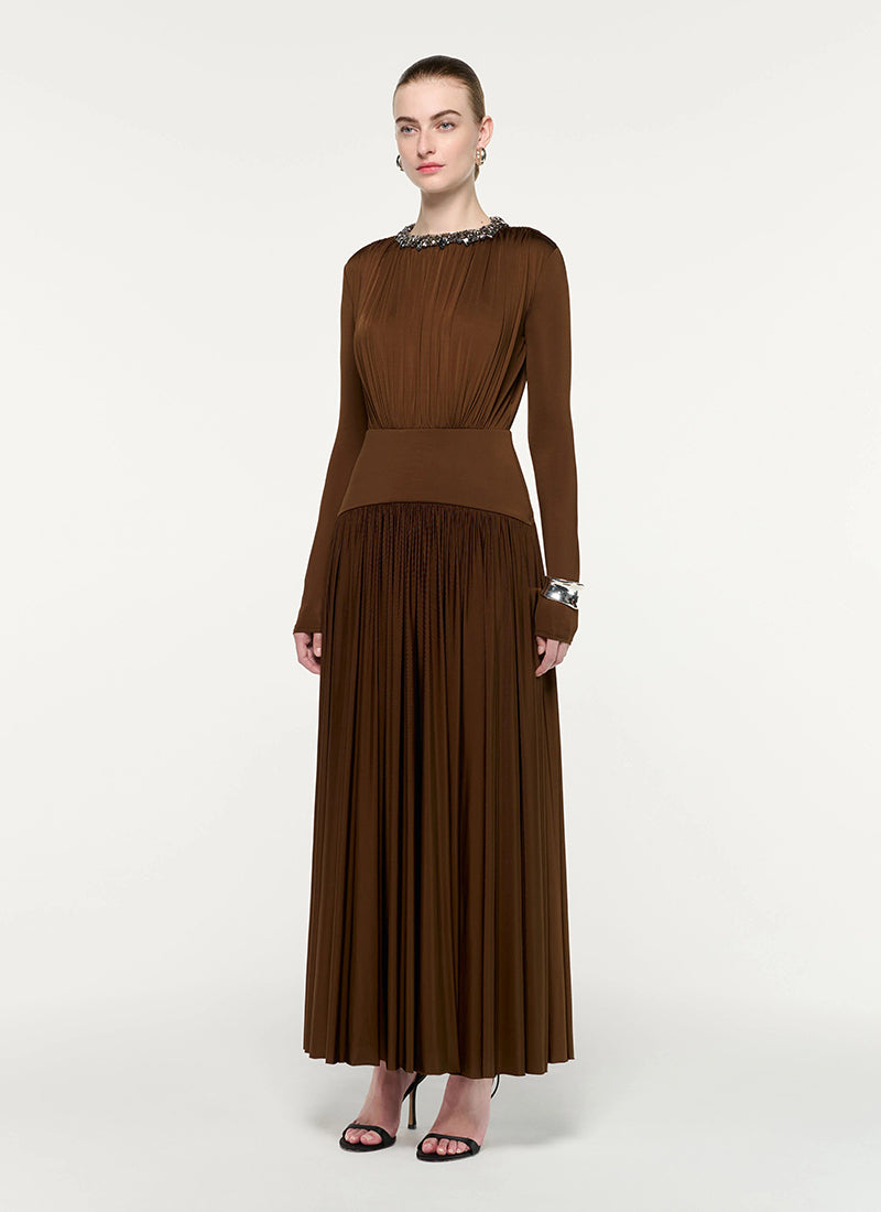 Embellished Neck Gathered Long Sleeve Gathered Dress by Roland Mouret at Andrews