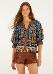 FARM Rio Embroidered Tapestry Tassels Puff Sleeve Blouse