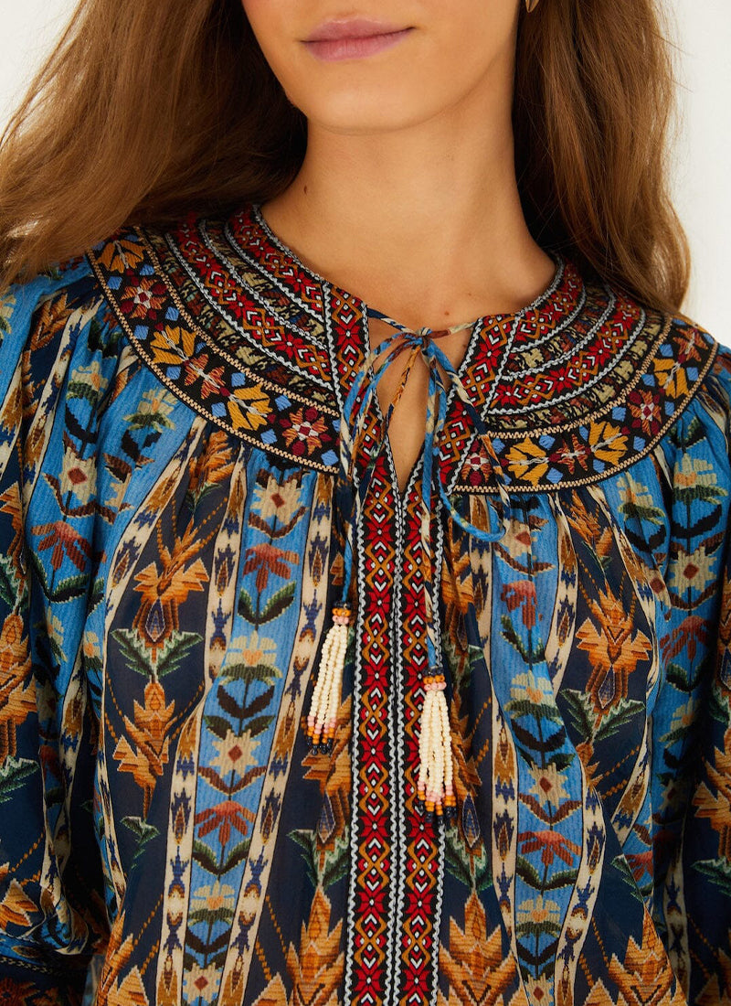 FARM Rio Embroidered Tapestry Tassels Puff Sleeve Blouse