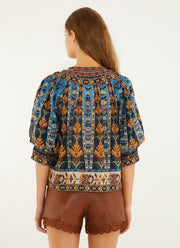 FARM Rio Embroidered Tapestry Tassels Puff Sleeve Blouse