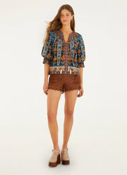FARM Rio Embroidered Tapestry Tassels Puff Sleeve Blouse
