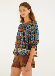 FARM Rio Embroidered Tapestry Tassels Puff Sleeve Blouse