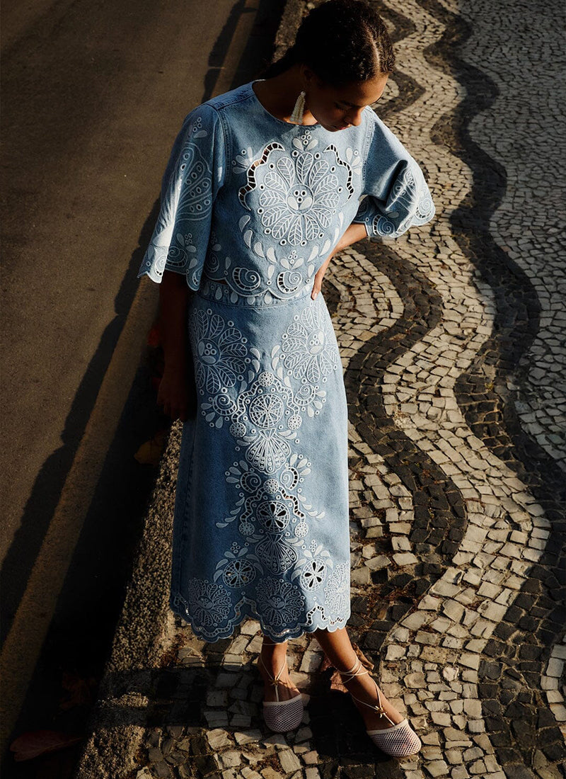 FARM Rio Denim Richelieux Midi Skirt