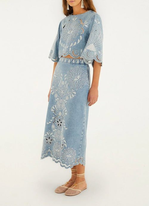 Denim Richelieux Midi Skirt by FARM RIO