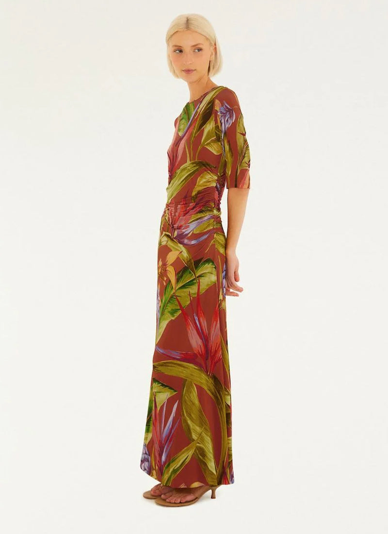 FARM Rio Florart Brown Short Sleeve Midi Dress