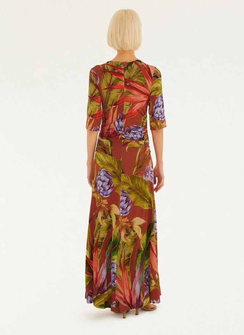 FARM Rio Florart Brown Short Sleeve Midi Dress