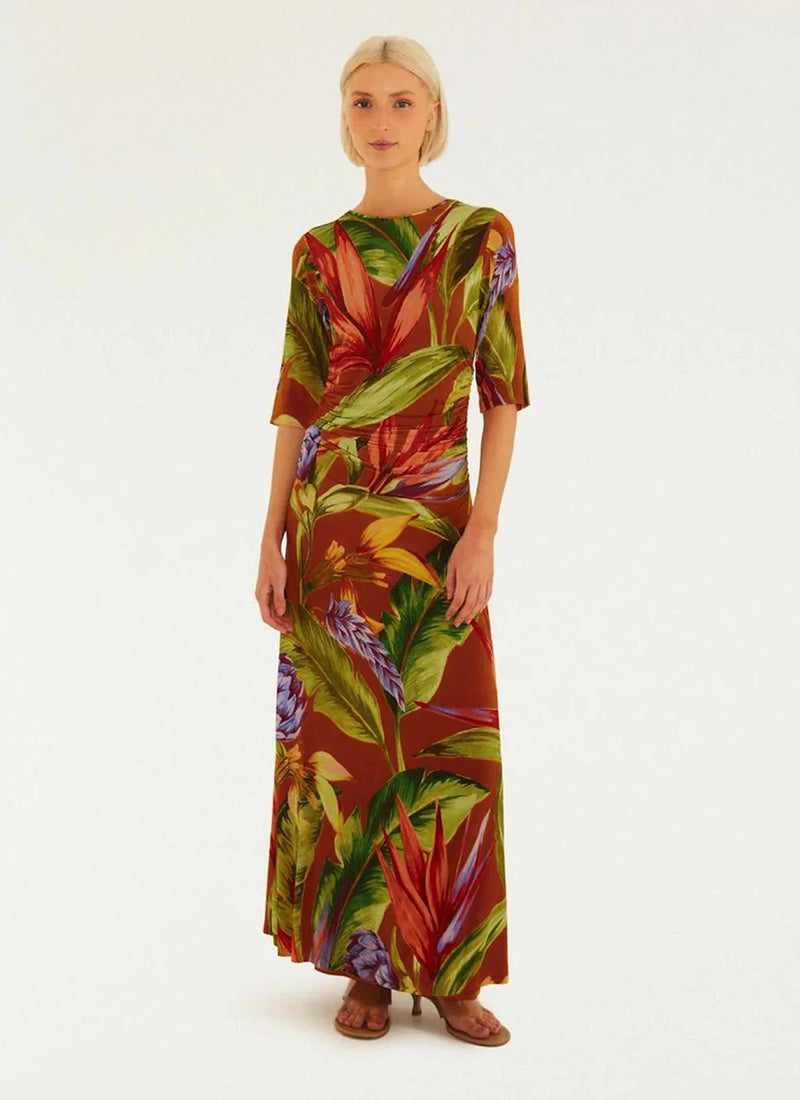 FARM Rio Florart Brown Short Sleeve Midi Dress