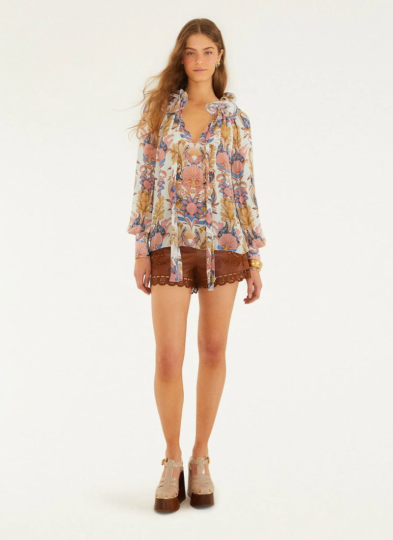 FARM RIO Sea Garden Off-White Long Sleeve Blouse
