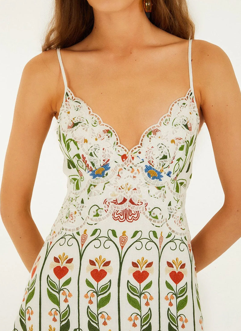 FARM Rio Stitched Garden Off-white Midi Dress