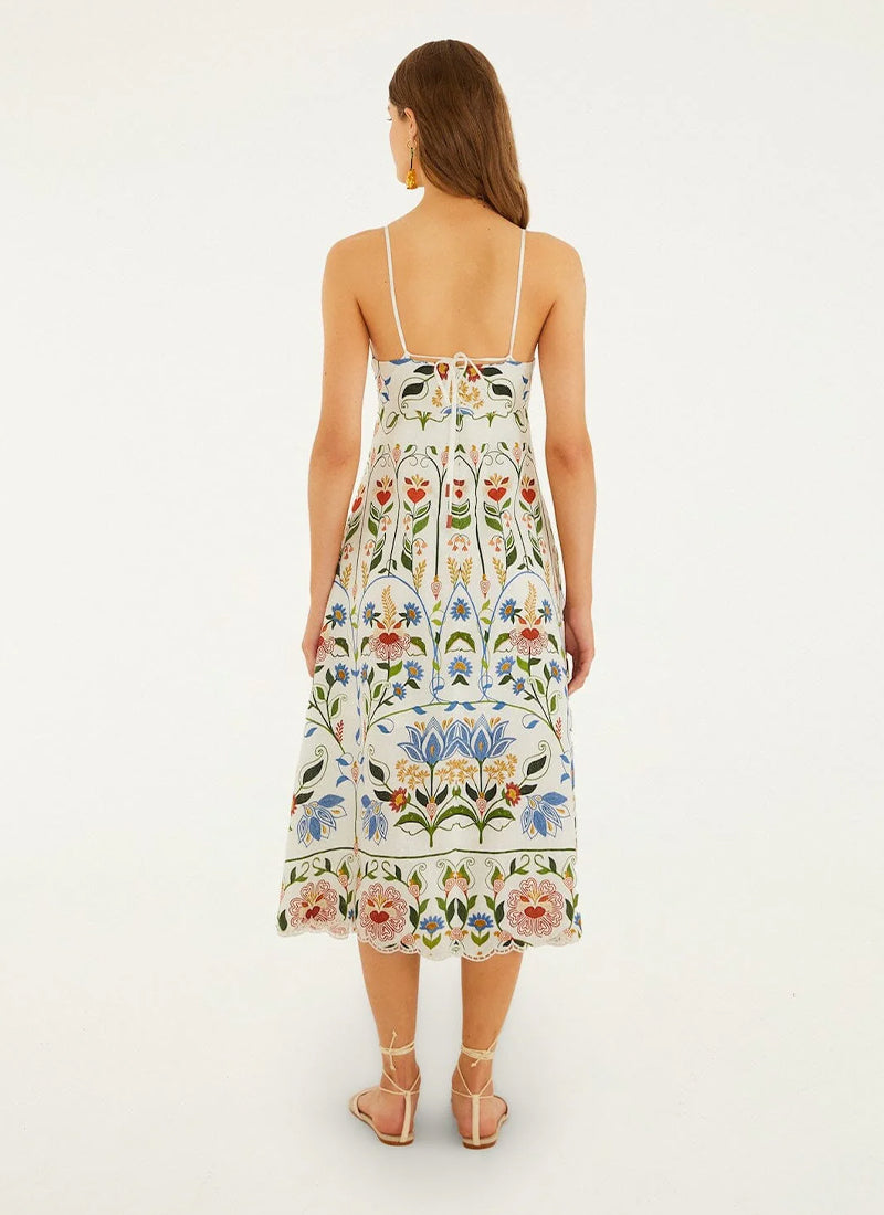 FARM Rio Stitched Garden Off-white Midi Dress