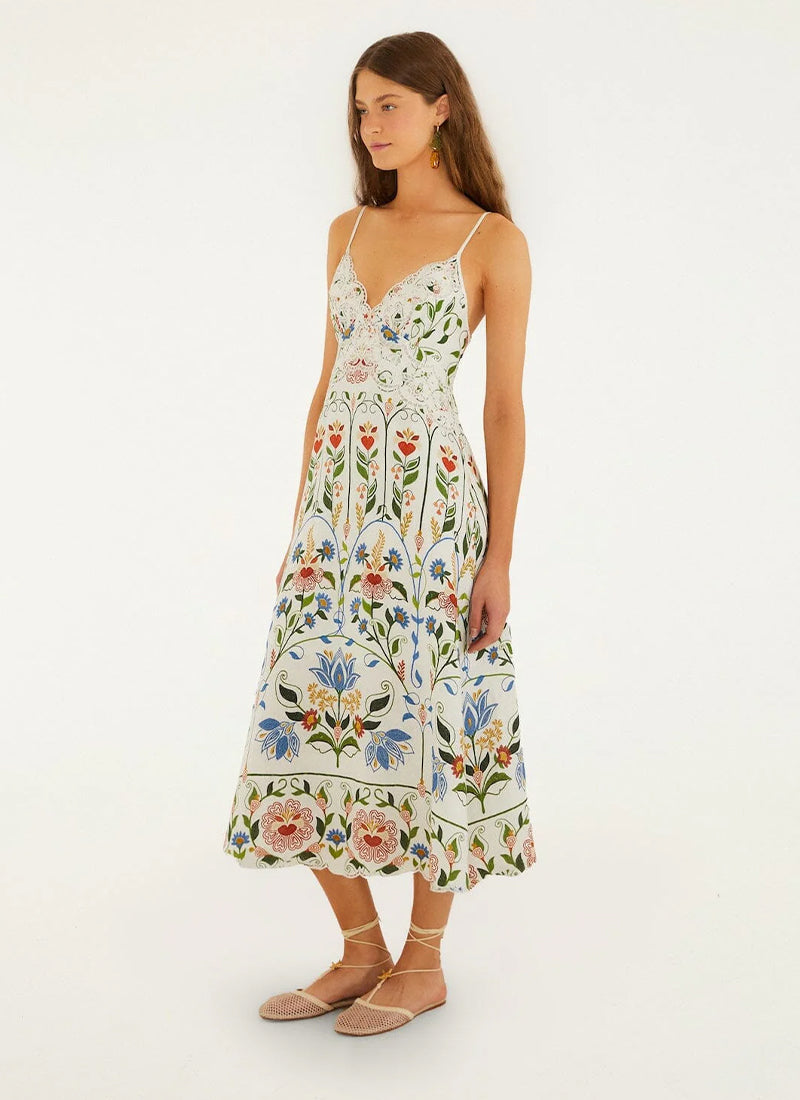 FARM Rio Stitched Garden Off-white Midi Dress