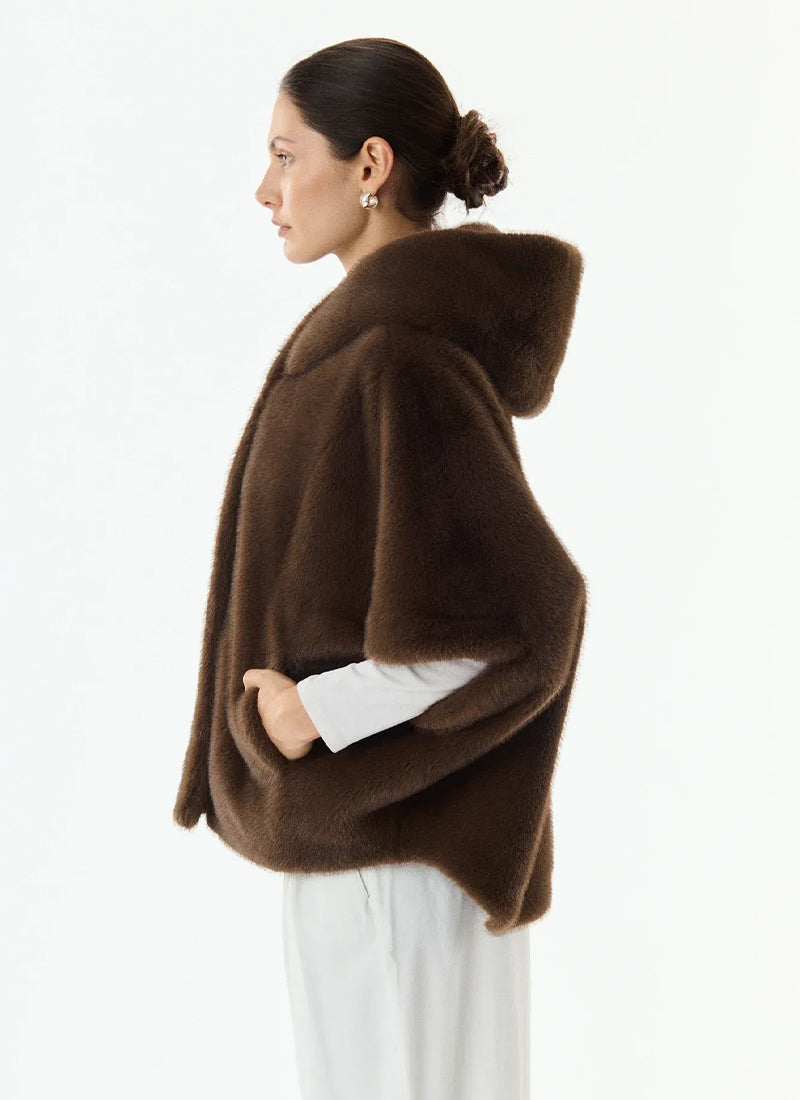 Leonie Faux Fur 3/4 Sleeve Hooded Cape