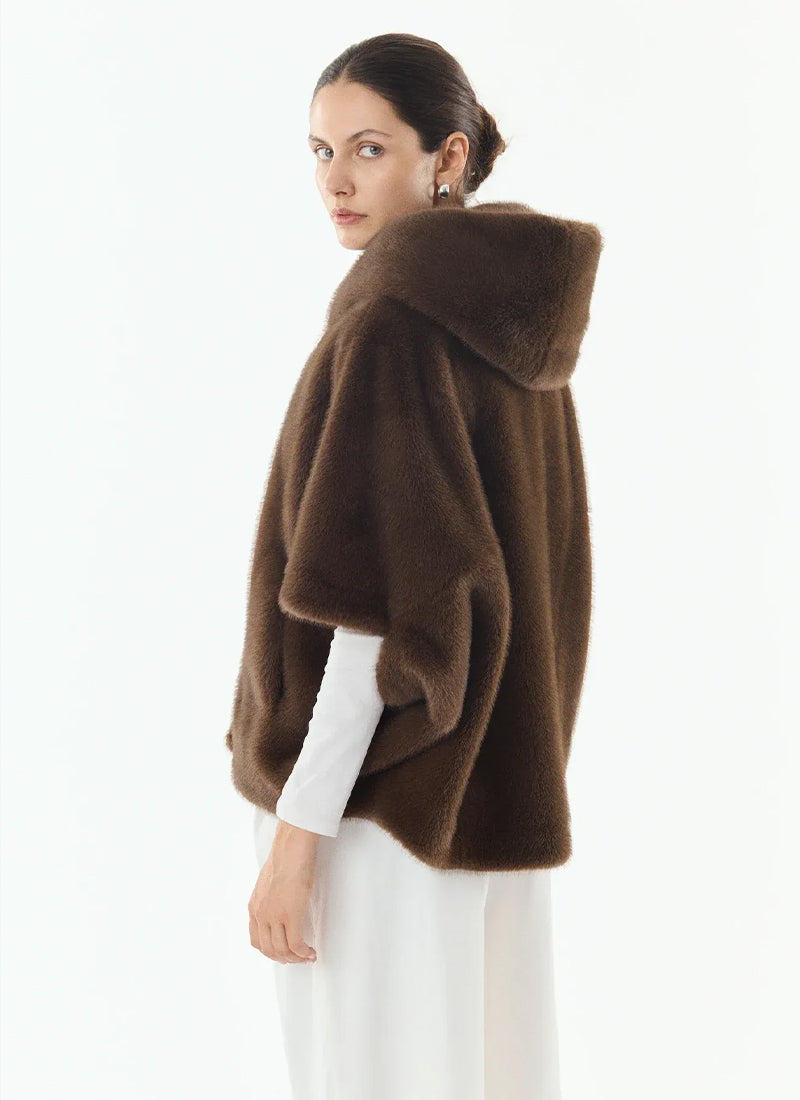 Leonie Faux Fur 3/4 Sleeve Hooded Cape
