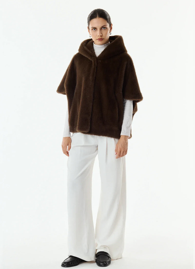 Leonie Faux Fur 3/4 Sleeve Hooded Cape