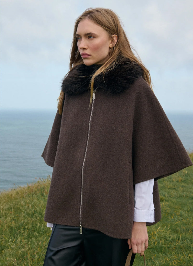 Faux Fur Collar Wool Cape
