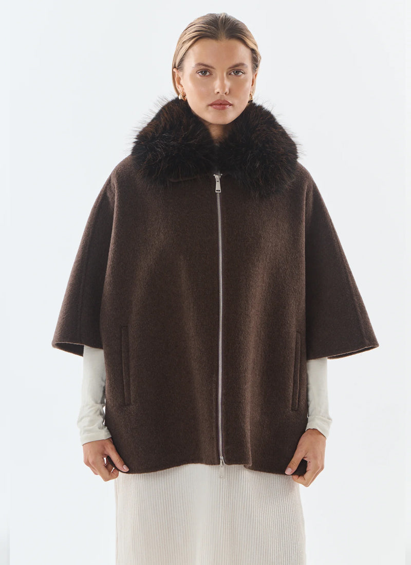Faux Fur Collar Wool Cape