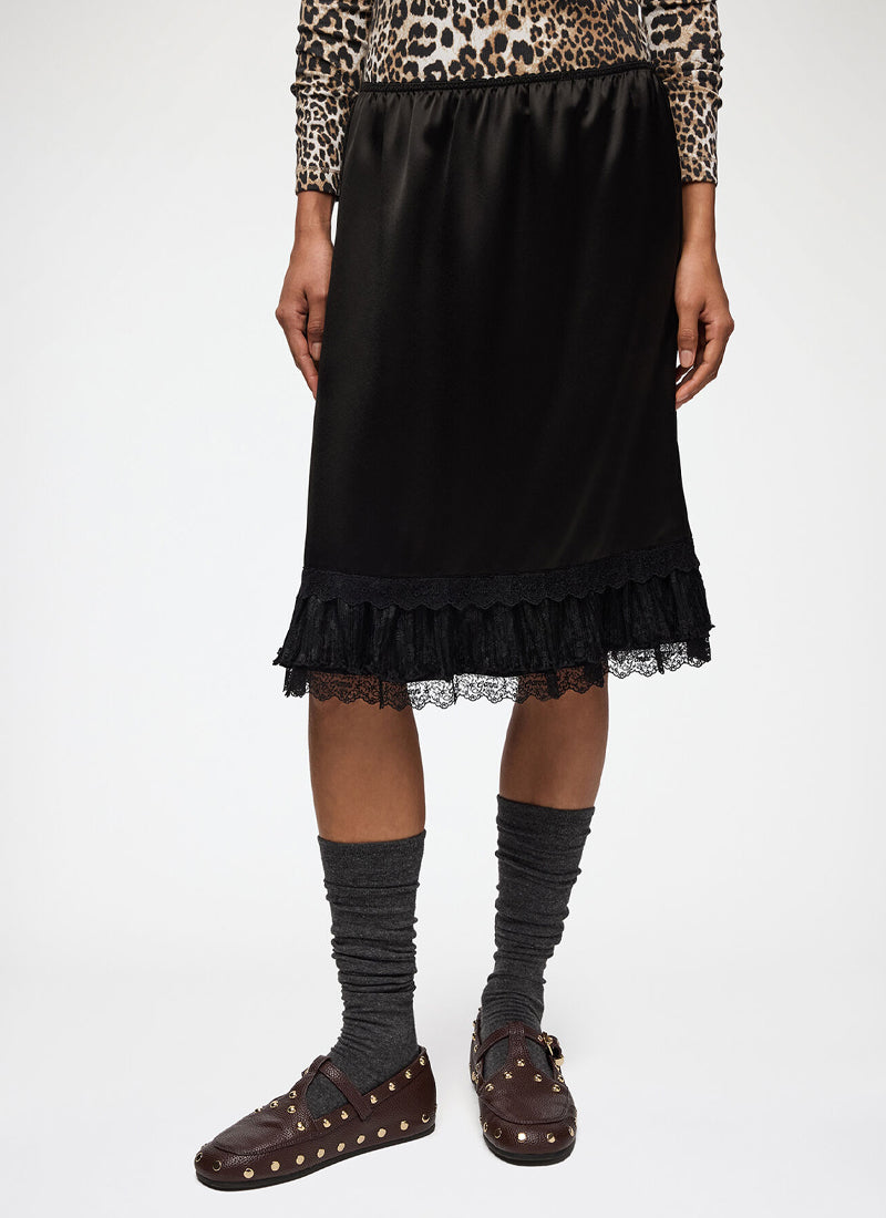Fluid Satin Knee Length Frill Skirt
