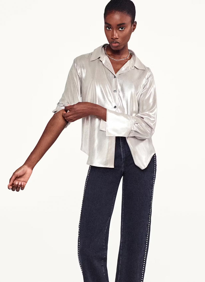 FRAME The Standard Silver Lamé Shirt