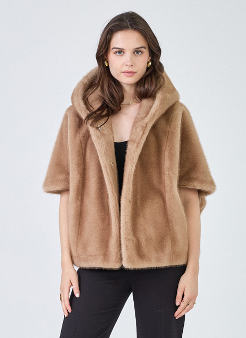 Giovanni Leonie Faux Fur 3/4 Sleeve Hooded Cape