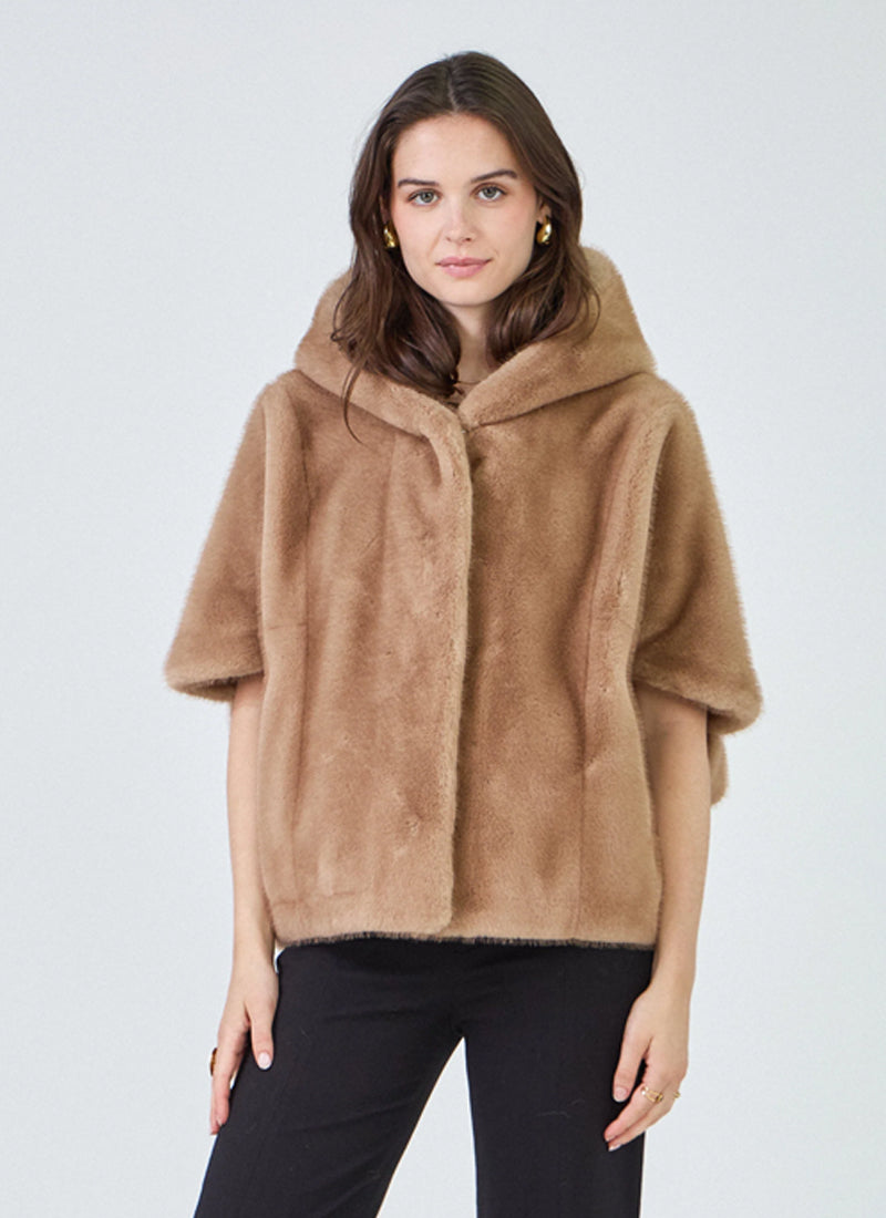 Leonie Faux Fur 3/4 Sleeve Hooded Cape